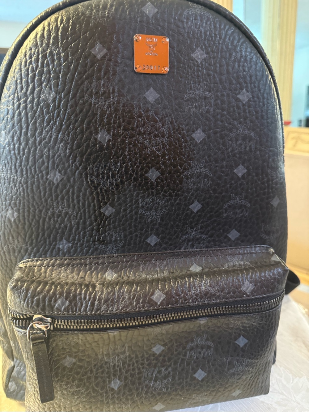 MCM Stark Visetos Backpack in black, featuring the signature Visetos monogram